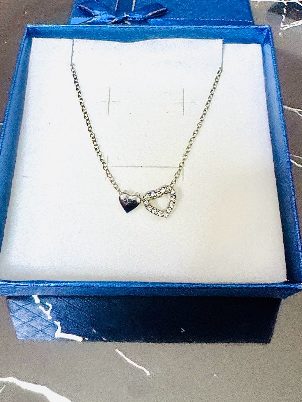 Delicate Silver Double Heart Necklace with Crystal Accent